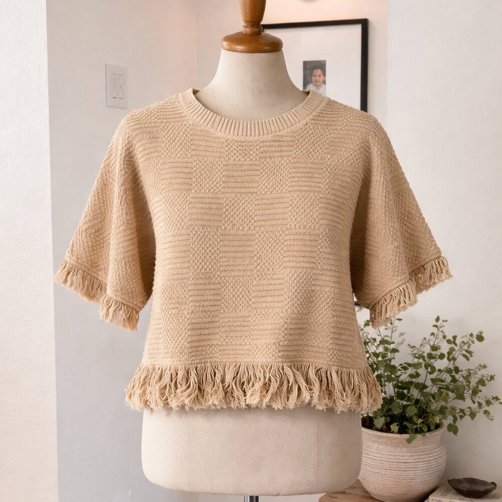 Zara Ladies XS Textured Fringe Knit Shirt Tan